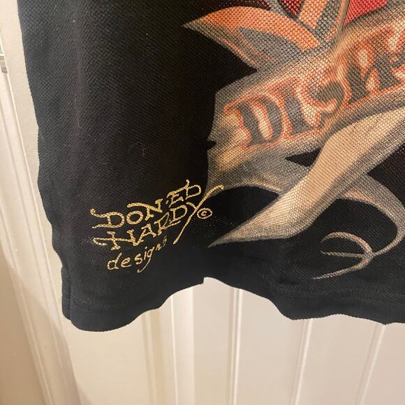 Y2K Ed Hardy Christain Audiger Distressed Black Print Polo Shirt Size Large - Picture 4 of 6